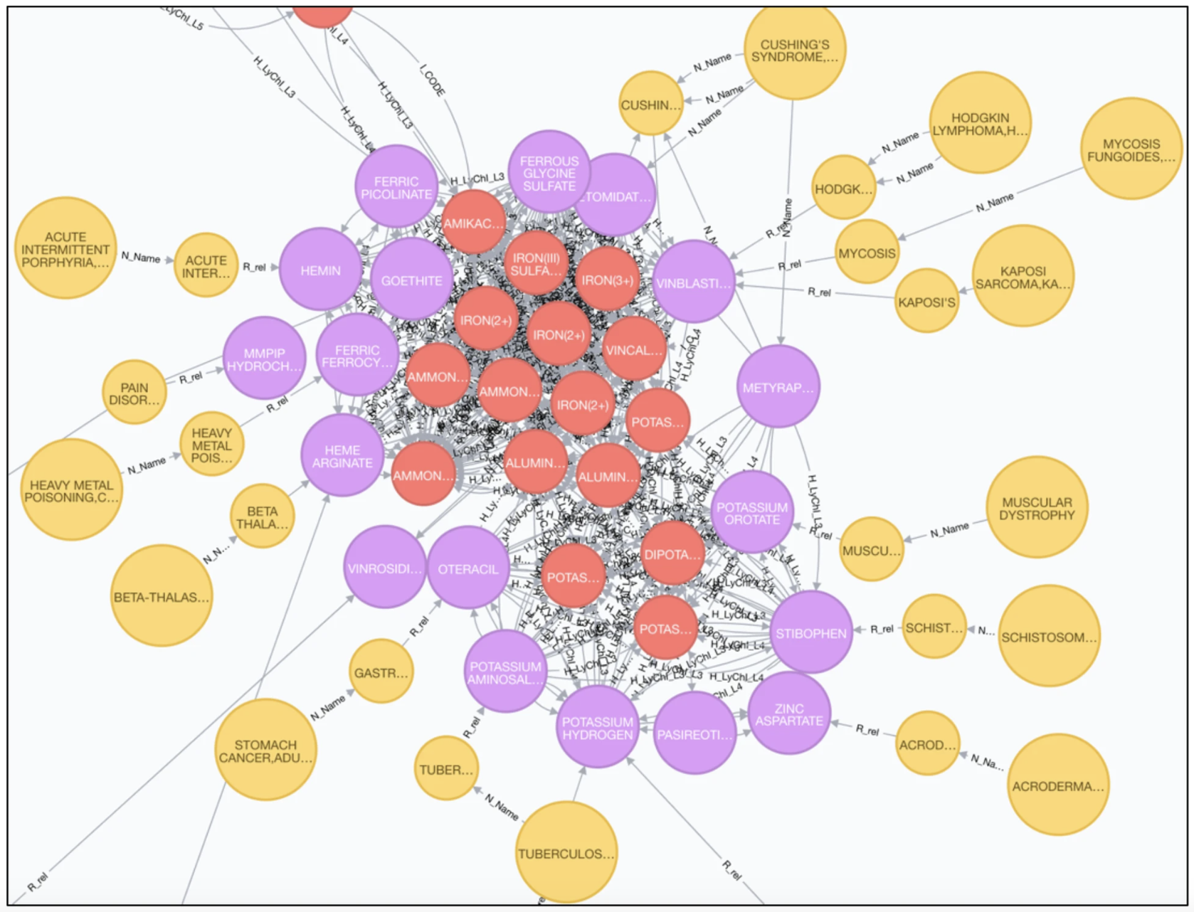 Color-coded network diagram depicting various medical conditions and elements within the life sciences. Nodes are connected with lines, illustrating relationships. Red, purple, and yellow circles represent different categories, creating a comprehensive knowledge graph for diverse applications.